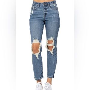 Judy Blue Distressed Boyfriend Jeans - Blue